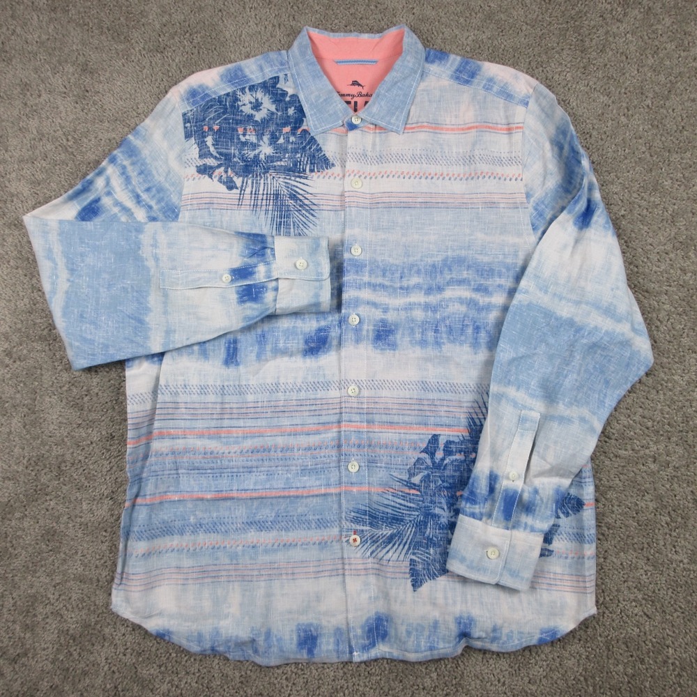 Tommy Bahama Shirt Mens XL Blue Graphic Print Relax Linen Vacation Button Up